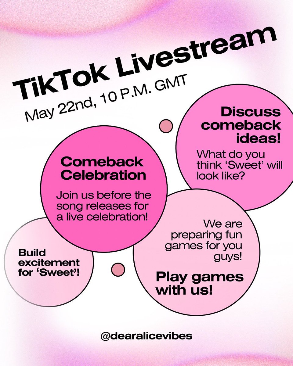 We’re going LIVE on TikTok for a comeback celebration you won’t wanna miss! Join us May 22nd at 10 P.M. GMT to talk all things ‘Sweet’, play games, share your comeback ideas, and more! Let’s make this the sweetest night ever! <a href="/dearalicemusic/">dearALICE</a> <a href="/dearALICEstaff/">Team dearALICE</a> #DearALICE