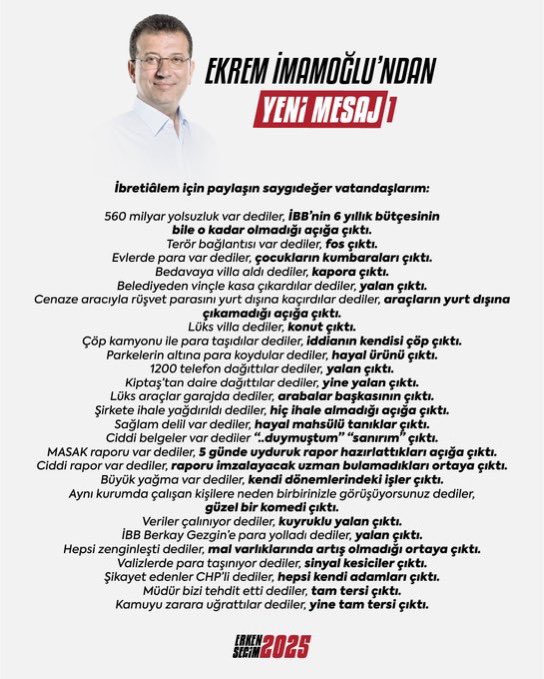 tcbuyuksehIr1's tweet photo. Ekrem İmamoğlu’nun yeni paylaşımı:

“560 milyar yolsuzluk var dediler, İBB’nin 6 yıllık bütçesinin bile o kadar olmadığı açığa çıktı.

Terör bağlantısı var dediler, fos çıktı.

Evlerde para var dediler, çocukların kumbaraları çıktı.

Bedavaya villa aldı dediler, kapora çıktı.” https://t.co/nJwjSyCZbN