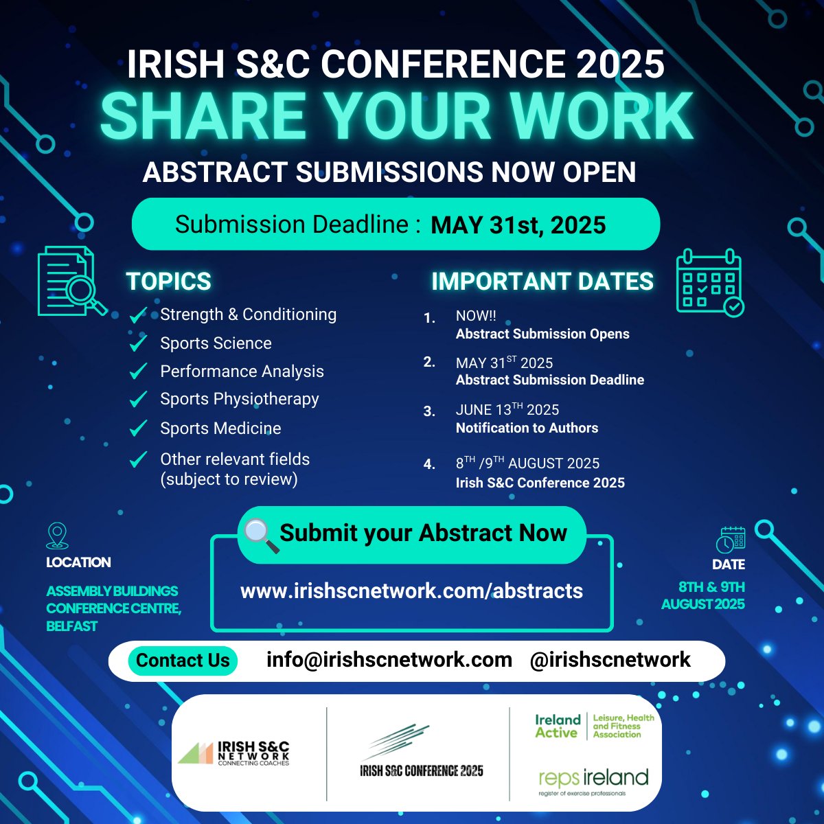 Dr. David Nolan (@drdavidnolan) on Twitter photo Interested in presenting your research at the Irish S&C Conference 2025 organised by <a href="/irishscnetwork/">Irish Strength & Conditioning Network</a> , <a href="/irelandactive/">Ireland Active</a> & <a href="/REPsIreland/">REPs Ireland</a> ?
Submit your abstract at the below link by May 31st.
forms.gle/yJRMsXyAcUdHbW… Interested in presenting your research at the Irish S&C Conference 2025 organised by <a href="/irishscnetwork/">Irish Strength & Conditioning Network</a> , <a href="/irelandactive/">Ireland Active</a> & <a href="/REPsIreland/">REPs Ireland</a> ?
Submit your abstract at the below link by May 31st.
forms.gle/yJRMsXyAcUdHbW…