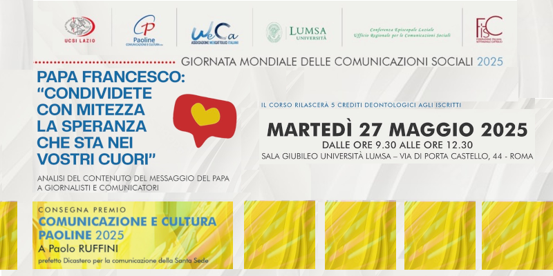 Martedì 27 maggio, presso la sede Giubileo della LUMSA, si svolgerà il Corso di formazione per #giornalisti organizzato da <a href="/ODG_CNOG/">Ordine Nazionale dei Giornalisti</a> (Lazio), <a href="/UcsiLazio/">UCSI Lazio</a> e <a href="/Webcattolici/">Webcattolici</a> (WeCa). Moderano <a href="/FabioBolzetta/">𝐅𝐚𝐛𝐢𝐨 𝐁𝐨𝐥𝐳𝐞𝐭𝐭𝐚</a> e <a href="/mauridischino/">Maurizio Di Schino</a>. lumsa.it/it/newsroom/ev…