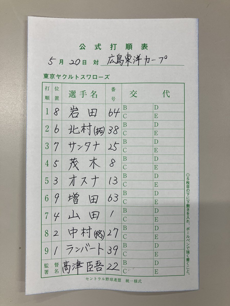 5月20日(火) vs.広島東洋カープ スワローズ本日のスタメン #swallows 