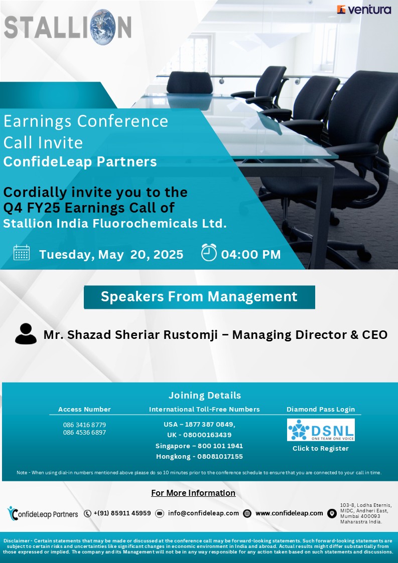 confideleapnews's tweet image. Join Stallion India Fluorochemicals&apos; Q4 FY25 Earnings Call Today at 4 PM IST! 🚀

📞 Dial-in: 086 3416 8779 / 086 4536 6897

#earningscall #concalll #conferencecall #stallionindia #stallionindiafluorochemicals #confideleappartners