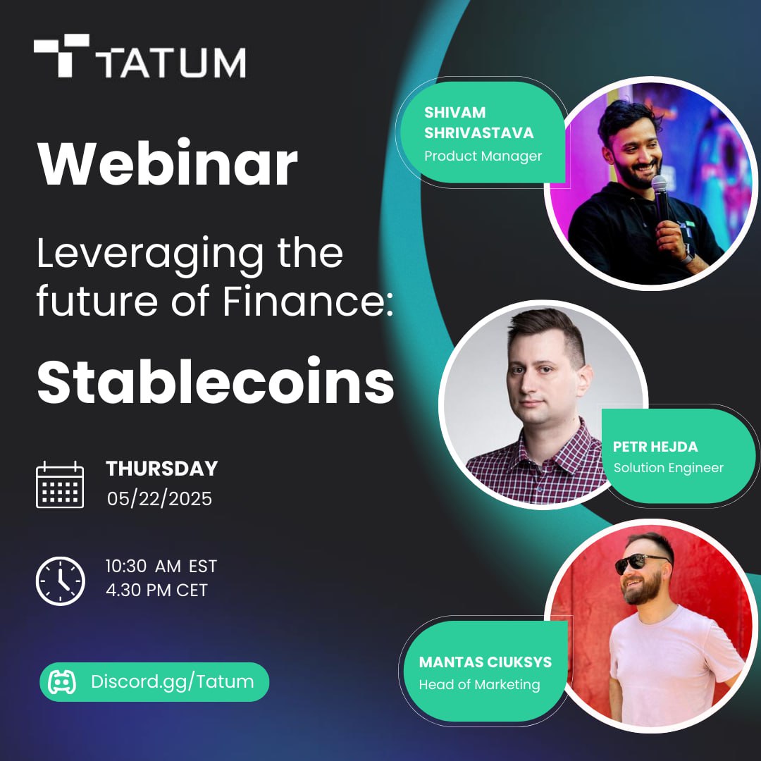 tatum_io's tweet image. You’ve heard it before:
#Stablecoins = the future of finance 🏦

But what does that actually look like under the hood? 👀

🕥 May 22nd, 10:30 AM EST / 4:30 CEST

Join the dream team on Discord this Thursday for a #Webinar &amp;amp; walkthrough using Tatum dev tools.