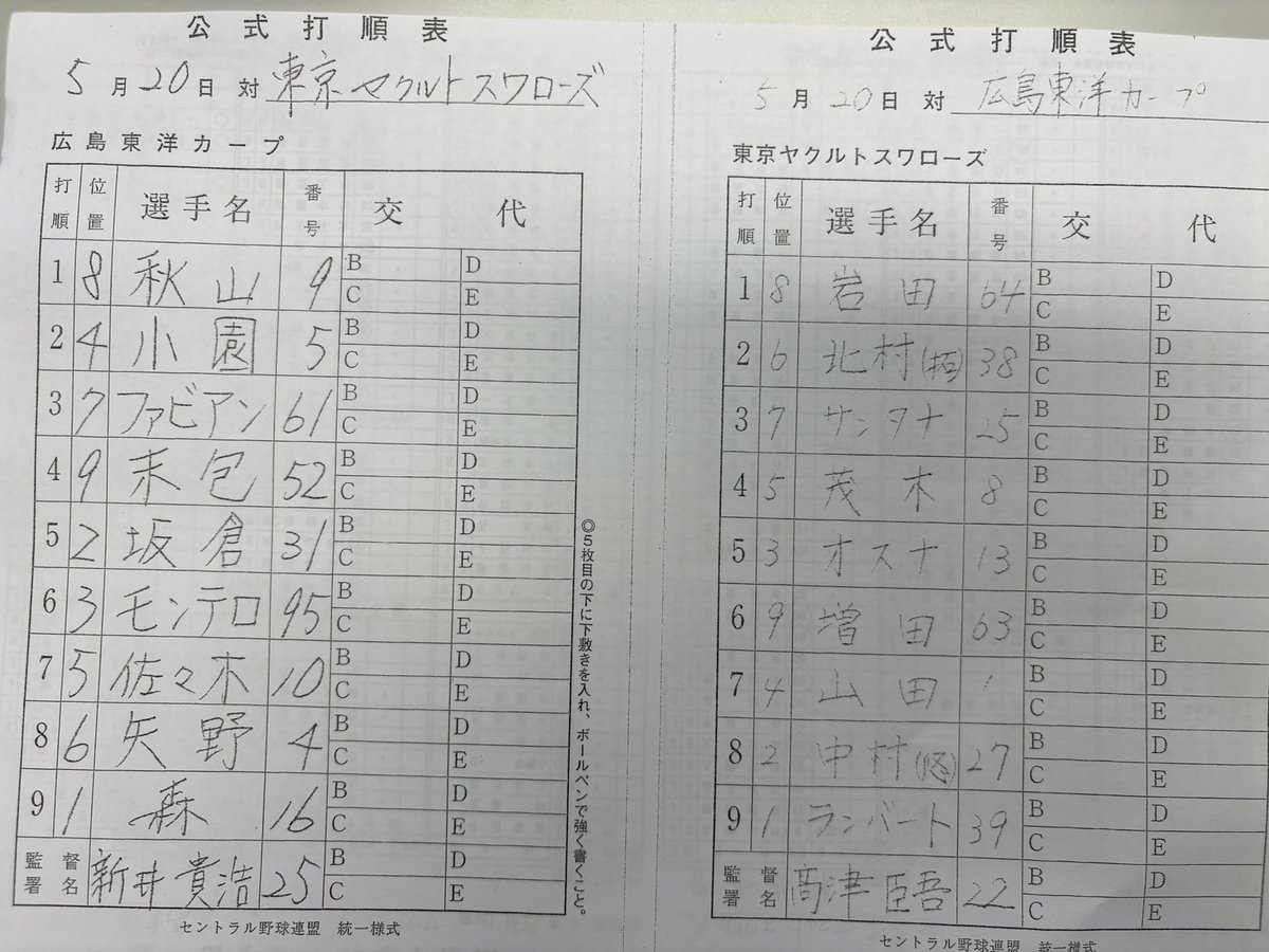 今日のスタメン。#佐々木泰 選手が「7番三塁」でプロデビュー。
#カープ #carp #スワローズ