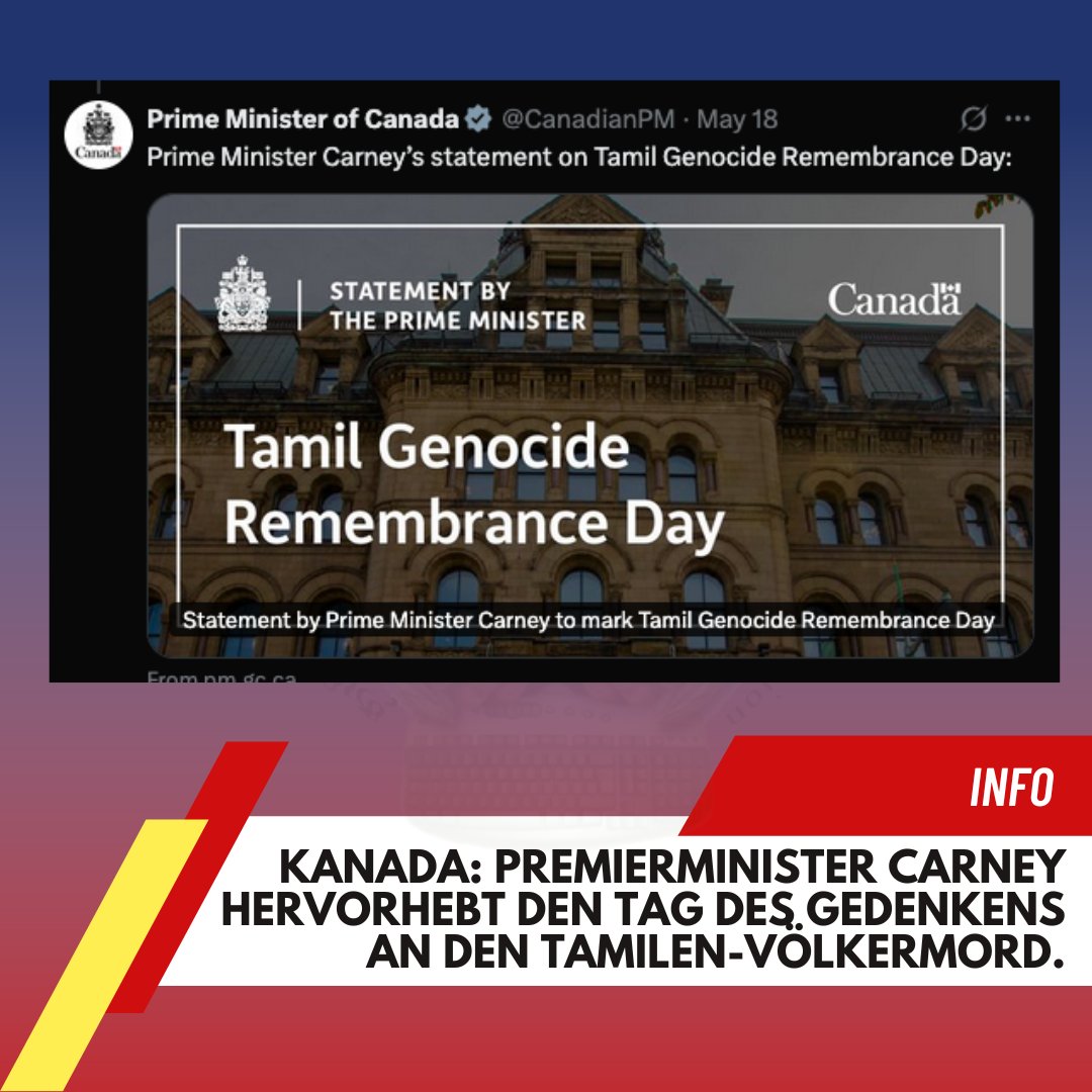 TYOSwiss's tweet photo. Kanada: Premierminister @MarkJCarney hervorhebt den Tag des Gedenkens an den Tamilen-Völkermord.

Heute jährt sich das Ende des bewaffneten Konflikts in #SriLanka zum 16. Mal – ein Konflikt, der über 26 Jahre andauerte und zehntausende Zivilisten das Leben kostete. ...
#Schweiz https://t.co/SXKl0BCBKy