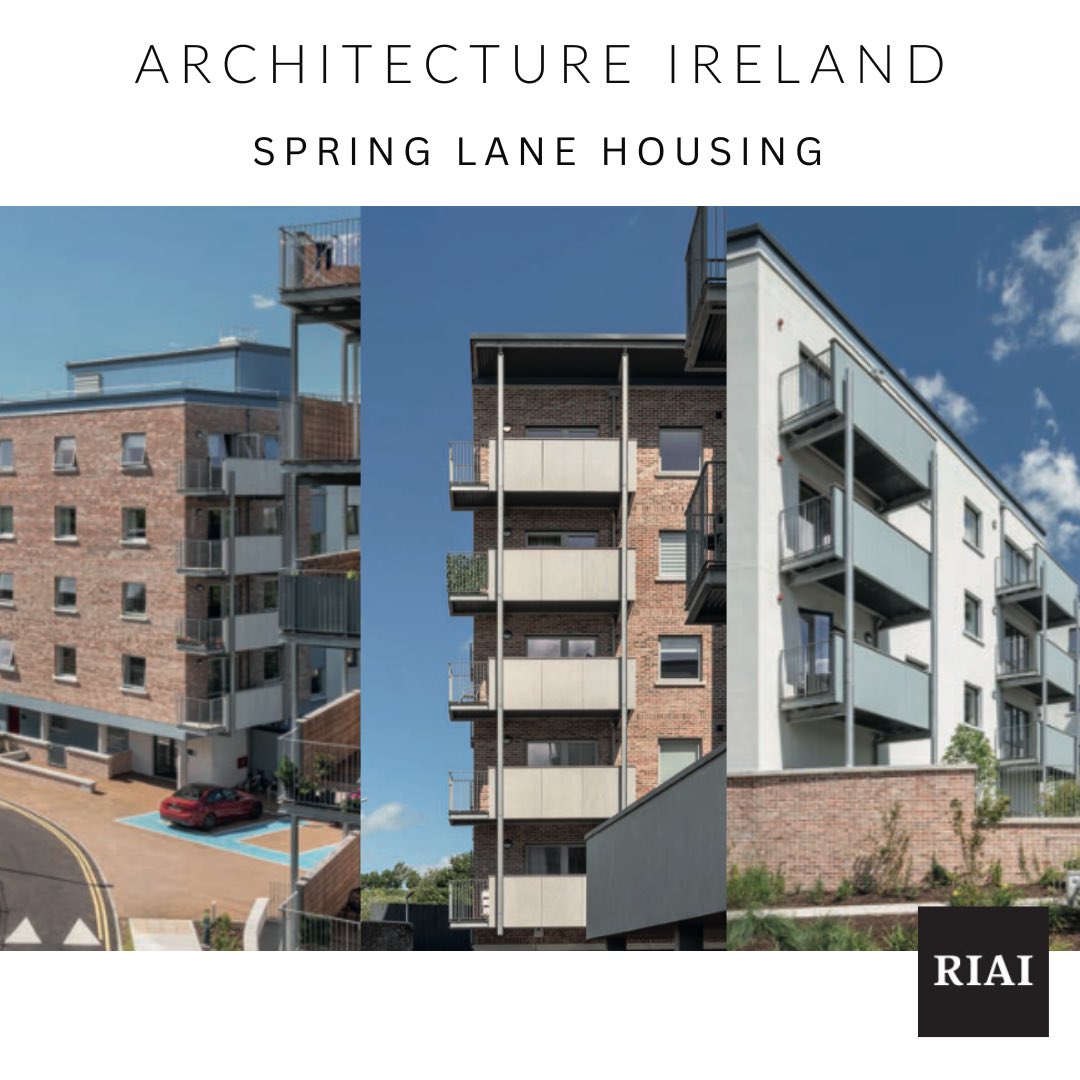 “The palette of materials—white and blue render, red brick, white brick, and metal-framed balconies—sits comfortably within its context.”

Photography by Jed Niezgoda | Architecture by Seán Harrington Architects