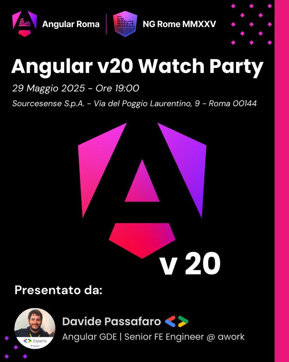 NGRomeConf | JUNE 19,20 2025 - Rome (@ngromeconf) on Twitter photo Join us for an exciting watch party of the brand new Angular 20! Let's experience the live streaming of the Angular team together.
๐ Where? Sourcesense Spa - Roma
โฐ Time? 19:00 CEST
๐๏ธ When? May 29
Host of the event: <a href="/DavidePassafaro/">Davide Passafaro</a> ( NGRome Team & GDE )
๐ Join us for an exciting watch party of the brand new Angular 20! Let's experience the live streaming of the Angular team together.
๐ Where? Sourcesense Spa - Roma
โฐ Time? 19:00 CEST
๐๏ธ When? May 29
Host of the event: <a href="/DavidePassafaro/">Davide Passafaro</a> ( NGRome Team & GDE )
๐