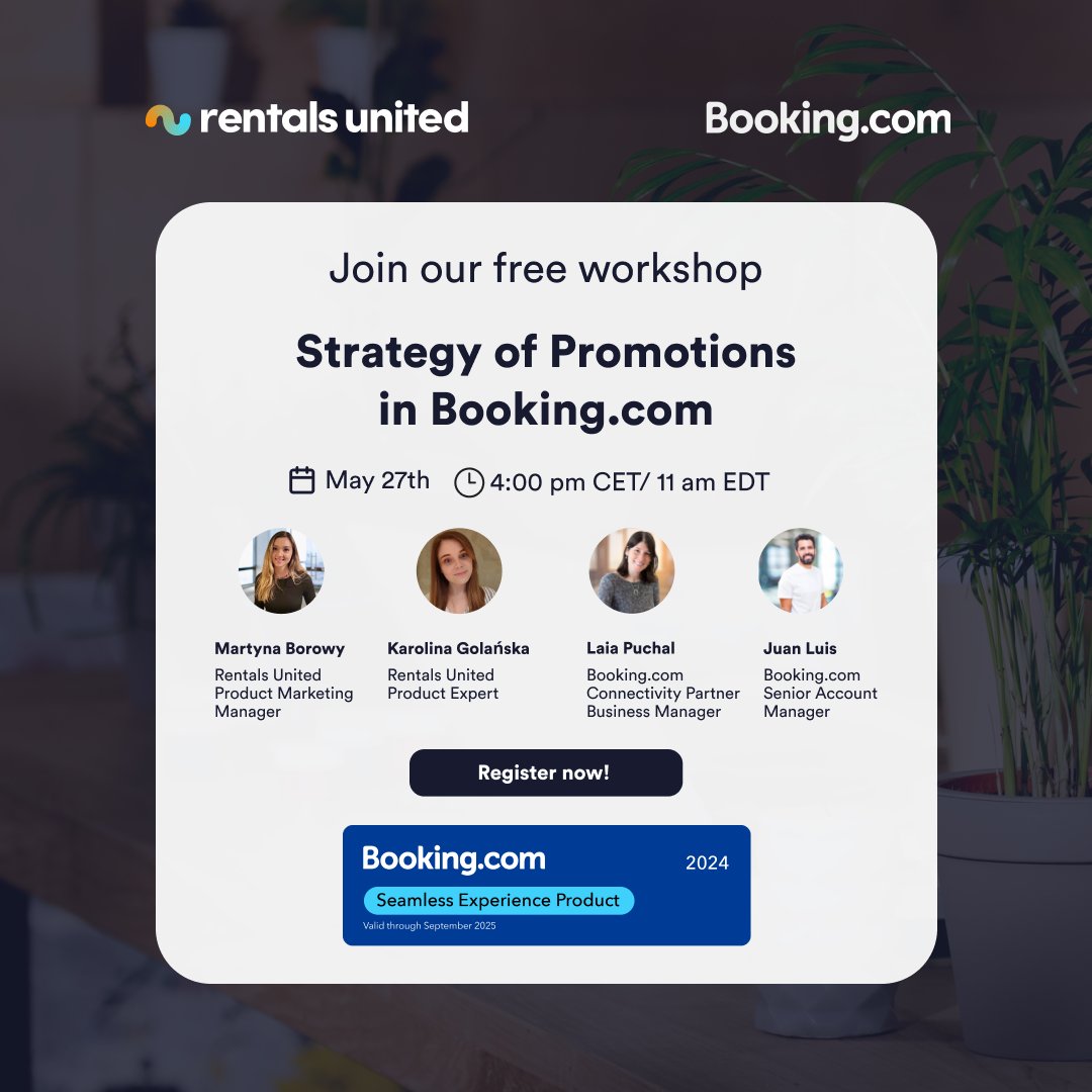 Rentals United (@rentalsunited) on Twitter photo Join Rentals United & <a href="/bookingcom/">Booking.com</a> for a live workshop on boosting visibility, bookings & ROI.
ποΈ May 27 | 4PM CET
π Register: hubs.li/Q03ngM120
#STRgrowth #VacationRentals Join Rentals United & <a href="/bookingcom/">Booking.com</a> for a live workshop on boosting visibility, bookings & ROI.
ποΈ May 27 | 4PM CET
π Register: hubs.li/Q03ngM120
#STRgrowth #VacationRentals