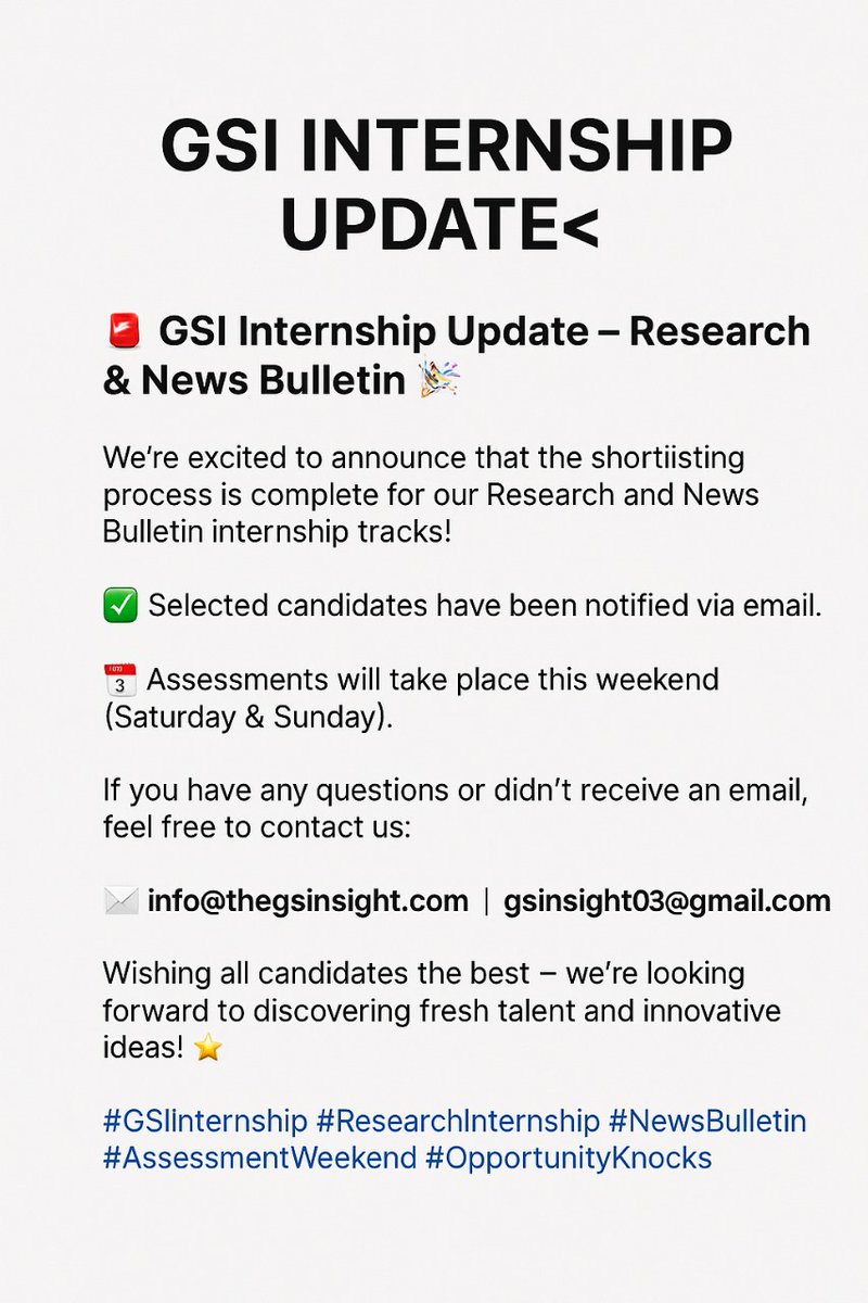 GSInsight03's tweet image. GSI Internship Update!
Shortlisting for Research &amp;amp; News Bulletin is complete 🎉
📩 Emails sent to selected candidates
📅 Assessments this weekend (Sat &amp;amp; Sun)
Got questions? info@thegsinsight.com
#GSIInternship #InternshipUpdate #Eurovision #Research #NewsBulletin