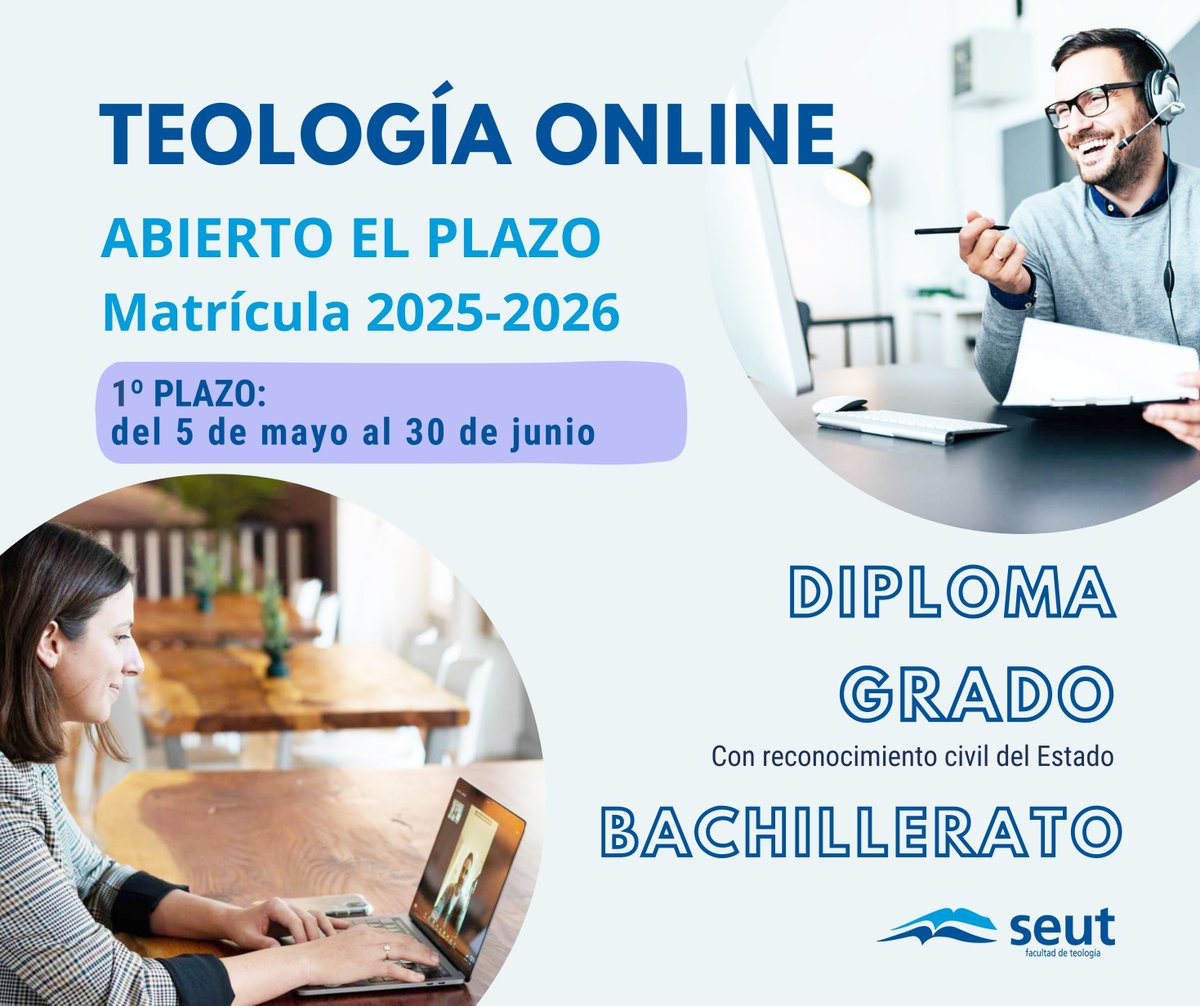 🎓 ¡Matrícula abierta en SEUT!
Del 5 de mayo al 30 de junio puedes inscribirte en el Grado, Bachillerato o Diplomado en Teología.
💻 100% online, flexible y con visión académica profunda.
👉 seut.es
#Teología #MatrículaAbierta #SEUT