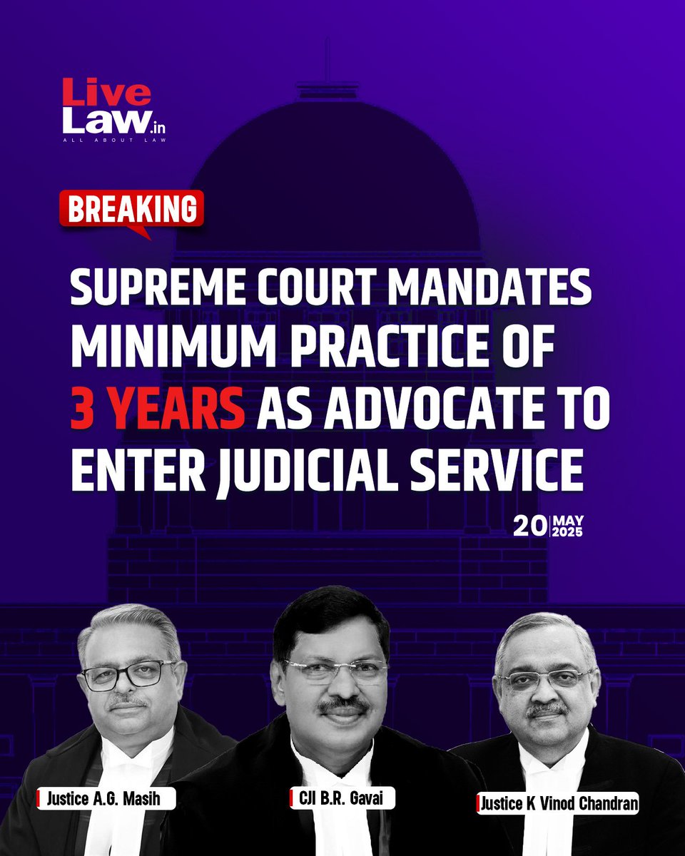 eyesp_10's tweet photo. Supreme Court upholds mandatory 3-year legal practice for entry as civil judges junior division. Direct recruitment of fresh law graduates barred. #SupremeCourt #judicialservices https://t.co/C4xim9i1iN