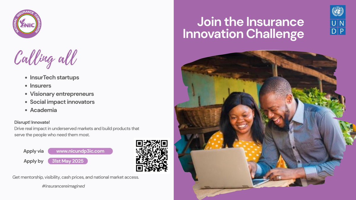 UNDPGhana's tweet photo. Insurance that includes everyone is possible.
 
The Inclusive Insurance Innovation Challenge #3IC is searching for bold ideas that make insurance more relevant and accessible for underserved communities in Ghana.
 
If you’re building something that fits, this is your platform.
🔗 Apply by 31 May → https://t.co/NUMqKkBPKJ
 
#InclusiveInsurance
#InnovationChallenge