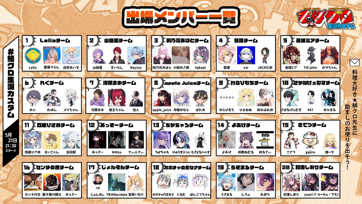 sabakuro0521's tweet photo. 明日!僕の生誕祝いで
鯖クロ生誕カスタム!開催します!
集まっていただきほんとに感謝です!(´;ω;`)
僕は神視点でわちゃわちゃ実況しながら楽しませていただきます!
エキシビジョンマッチではヴァンテージが主体となる最凶なルールにさせていただきましたので、ぜひ楽しんでくださーい!www
神視点本配信はTwitchにて!
https://t.co/mT0mxFTbk5
#鯖クロ生誕カスタム