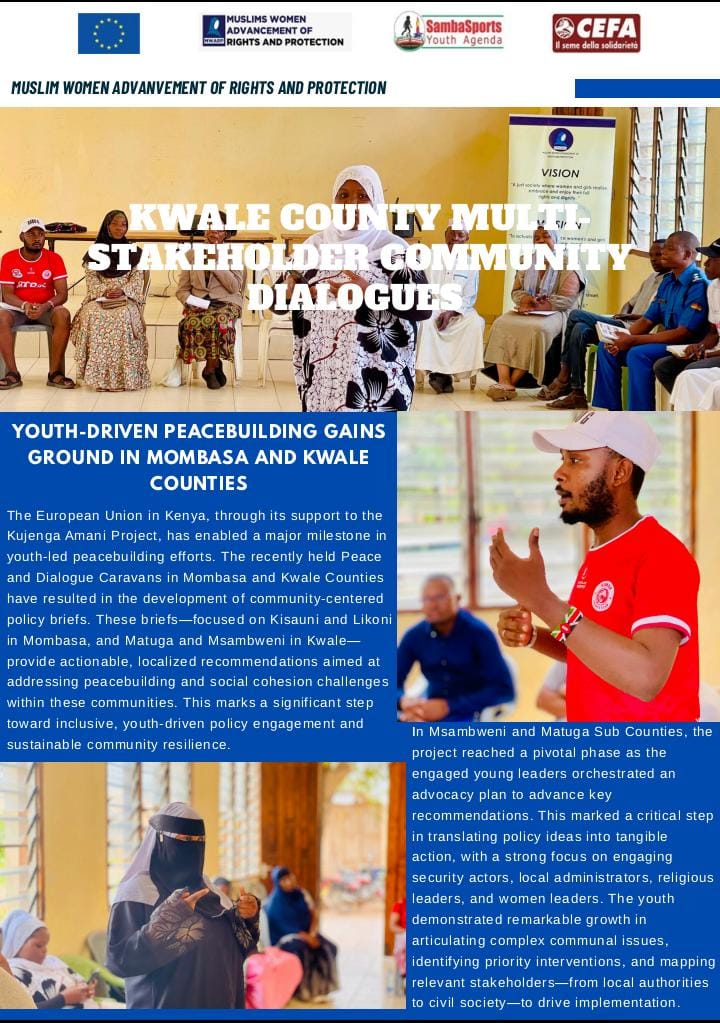 Mwarpkenya's tweet photo. 🌍 HIGHLIGHTS: Kwale County Multi-Stakeholder Community Peace Dialogues 🕊️
Over the past week, through the #KujengaAmaniProject, young people from #Matuga and #Msambweni Sub Counties came together with #security actors, #religious leaders, #women leaders, and #local administrators in a powerful series of #peace dialogues aimed at building sustainable solutions to #violence in our communities.
💬 Key discussions included:
🔹 Root causes of violence affecting our youth and communities
🔹 The critical role of local leadership in fostering peace
🔹 Collaborative, community-led strategies for long-term change
Young people took the lead in shaping the conversations and worked hand in hand with stakeholders to develop community-based solutions. These outcomes will be documented in a policy brief — developed by the youth — to ensure action and accountability.
Together, we’re shaping a peaceful, inclusive, and resilient Kwale County. 💪🏽
#YouthForPeace #PeaceBuilding #PolicyInAction #YouthVoicesMatter #TogetherForPeace