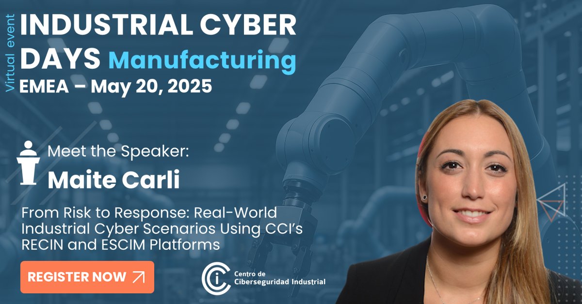 CCI (@info_cci) on Twitter photo 🔐 Happening today!
At 15:00 CEST, our colleague Maite Carli will speak at Industrial Cyber Days – Manufacturing (EMEA) by <a href="/IndustCybersec/">Industrial Cyber</a>
She will show how to use ESCIM, a platform developed by CCI to help organizations characterize high-impact scenarios in industrial systems 🔐 Happening today!
At 15:00 CEST, our colleague Maite Carli will speak at Industrial Cyber Days – Manufacturing (EMEA) by <a href="/IndustCybersec/">Industrial Cyber</a>
She will show how to use ESCIM, a platform developed by CCI to help organizations characterize high-impact scenarios in industrial systems