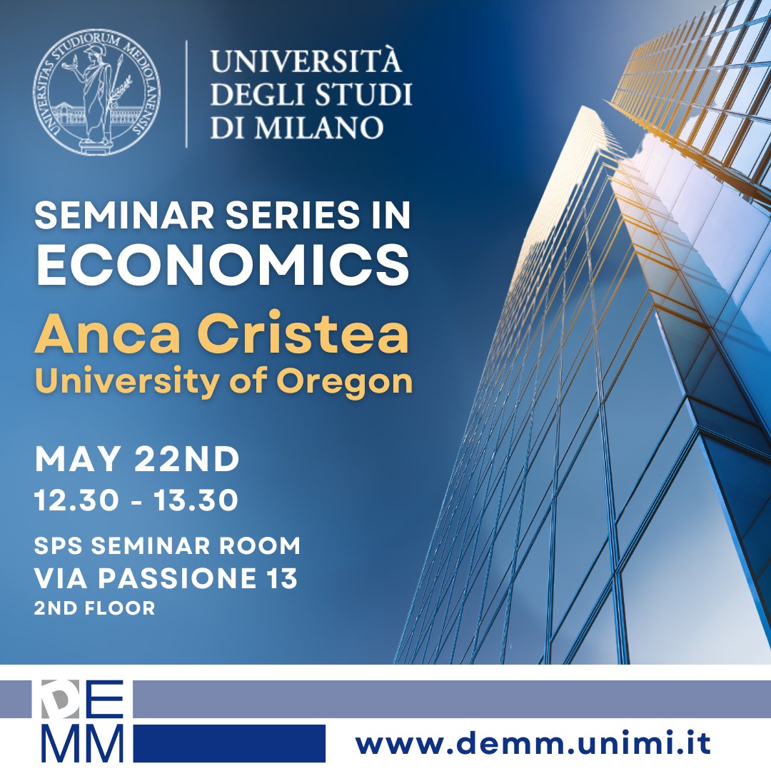 demm_unimi (@demmunimi) on Twitter photo ๐ New #seminar in #Economics! <a href="/LaStatale/">Universitร degli Studi di Milano</a>
๐ฃ๏ธ The speaker will be:
<a href="/cristea_econ/">Anca Cristea</a>
<a href="/uoregon/">University of Oregon</a>
๐ Organized Labor When Things Go South: Unions and the Labor Market Consequences of NAFTA
๐
22nd May
๐ 12.30
๐ Aula seminari SPS, 2nd floor
Go to our website for more information ๐ New #seminar in #Economics! <a href="/LaStatale/">Universitร degli Studi di Milano</a>
๐ฃ๏ธ The speaker will be:
<a href="/cristea_econ/">Anca Cristea</a>
<a href="/uoregon/">University of Oregon</a>
๐ Organized Labor When Things Go South: Unions and the Labor Market Consequences of NAFTA
๐
22nd May
๐ 12.30
๐ Aula seminari SPS, 2nd floor
Go to our website for more information