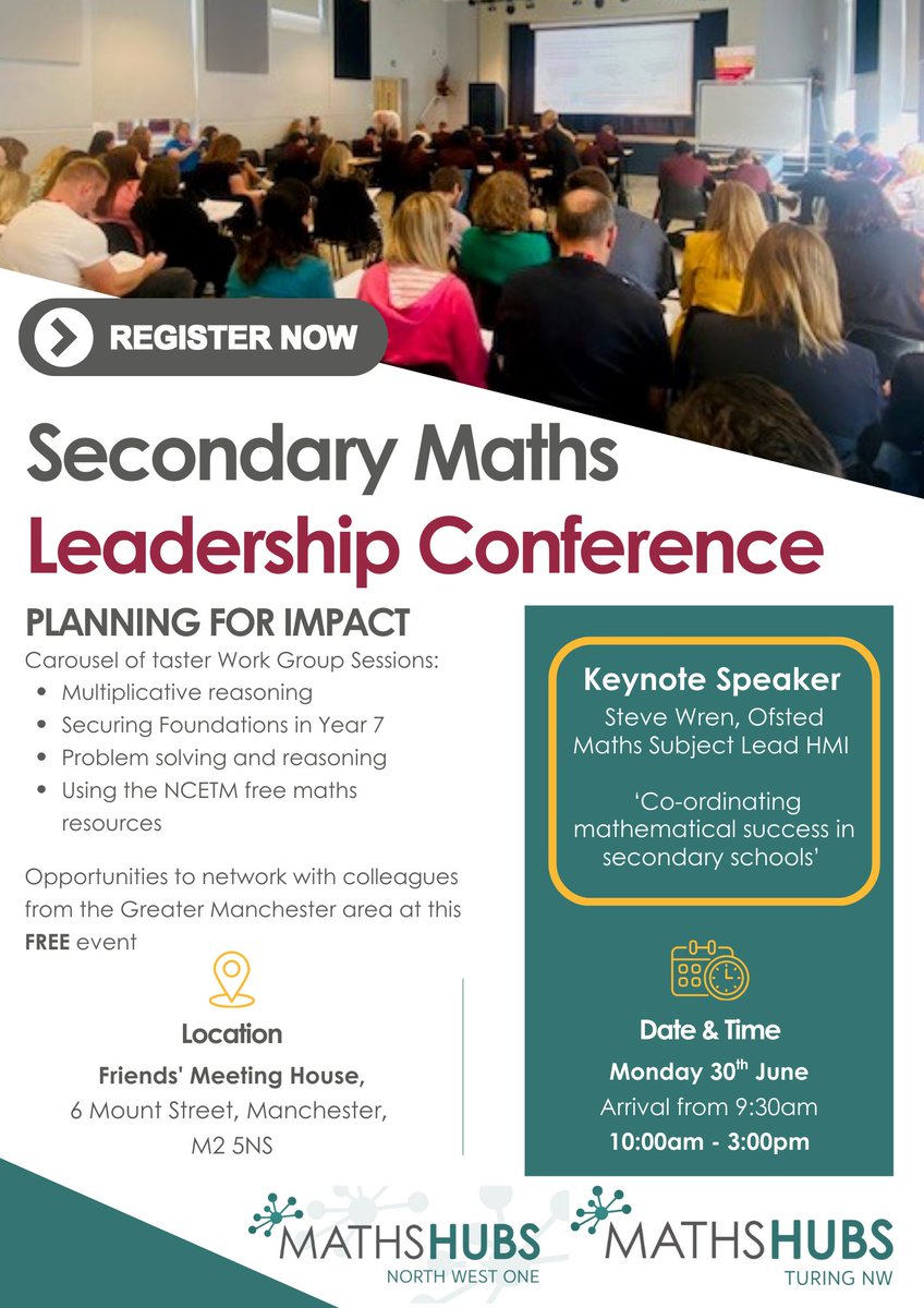 Join NW1 Maths Hub and our Greater Manchester neighbours, Turing NW Maths Hub, for a fantastic secondary conference featuring the brilliant Steve Wren from OFSTED and the chance to meet with other secondary maths specialists.
Sign up here: docs.google.com/forms/d/e/1FAI…