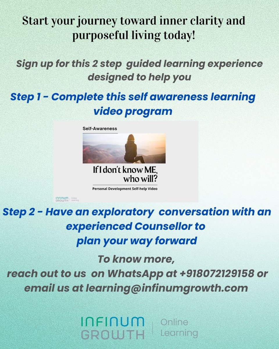InfinumG's tweet photo. Start your Journey of #Selfdiscovery today! Look within to understand your self - your needs, goals, strengths and limitations. And start working to make positive changes.
Join this unique program from InfinumGrowth. #selfdiscovery #selfawareness https://t.co/h2Of7kXmGw