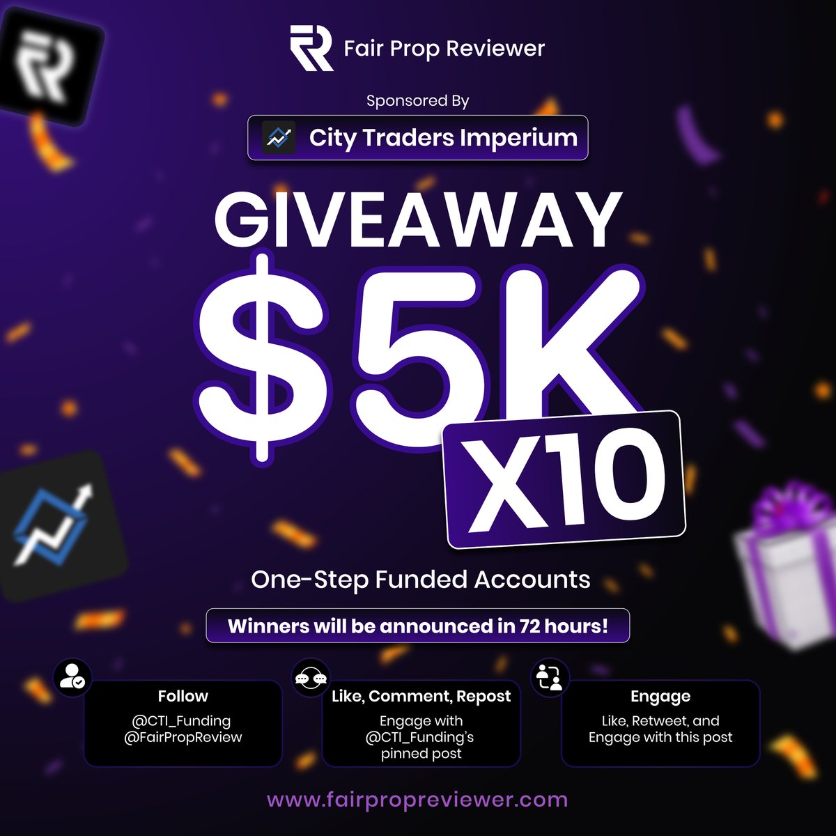 10 × $5K One-Step Funded Accounts with <a href="/CTI_Funding/">City Traders Imperium</a> 

To Enter:
1. Follow <a href="/CTI_Funding/">City Traders Imperium</a> &amp; <a href="/FairPropReview/">Fair Prop Reviewer</a>
2. Engage with <a href="/CTI_Funding/">City Traders Imperium</a>’s pinned post (like, comment, repost)
3. Like, Retweet, and Engage with this post

Winners will be announced in 72 hours!

#CTI #Giveaway #PropFirm