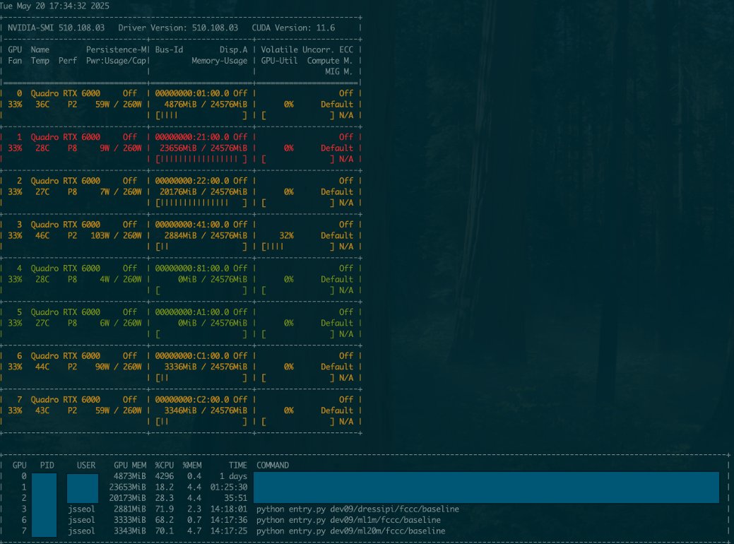 글고보니 여러분
nvidia-htop 이란걸 아십니까
pip install nvidia-htop 하면 되는데
nvidia-smi를 htop과 결합해서, 누가 얼만큼 어떻게 쓰고 있는지 깔끔하게 색칠까지 해서 보여줌
(칠판에 몇번 GPU 누가 쓰는중 하고 적는 방식에서 유효)