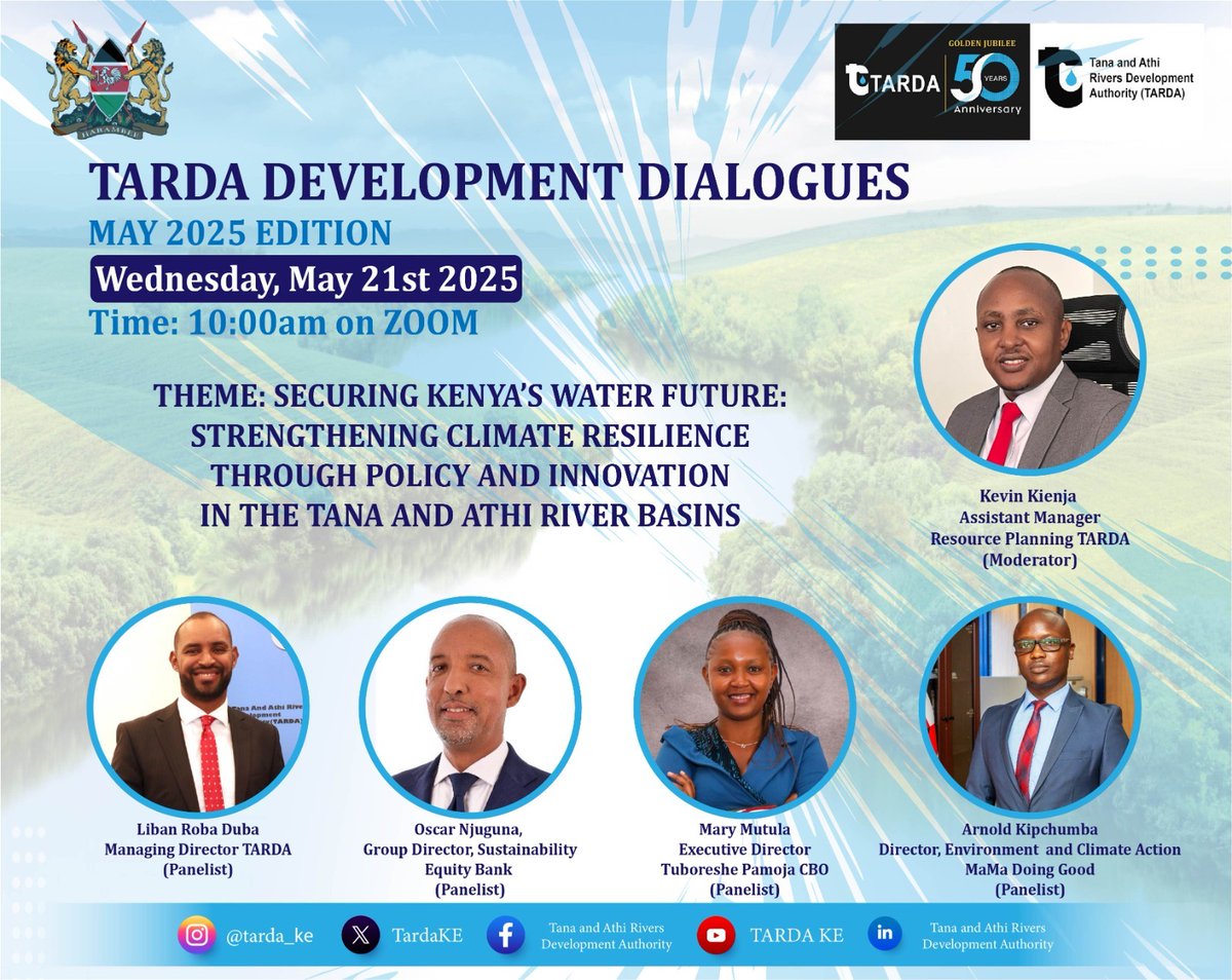 Liban Roba Duba (@roba_liban_duba) on Twitter photo Privileged to lead the #May2025 Edition of the <a href="/TardaKE/">Tana and Athi Rivers Development Authority (TARDA)</a> #DevelopmentDialogues—a timely conversation on strengthening climate resilience and securing Kenya’s water future.
Date: Wednesday, 21st May 2025
Time: 10:00 AM (EAT)
Venue: Zoom
Theme: Securing Kenya’s Water Future
We Privileged to lead the #May2025 Edition of the <a href="/TardaKE/">Tana and Athi Rivers Development Authority (TARDA)</a> #DevelopmentDialogues—a timely conversation on strengthening climate resilience and securing Kenya’s water future.
Date: Wednesday, 21st May 2025
Time: 10:00 AM (EAT)
Venue: Zoom
Theme: Securing Kenya’s Water Future
We
