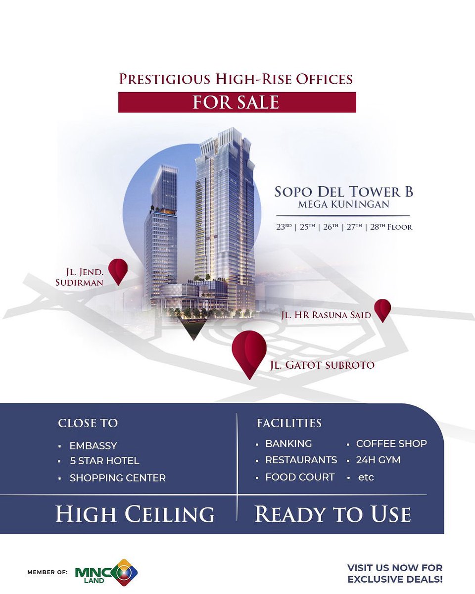 MNCTourismOffcl's tweet photo. Prestigious high-rise office spaces available for sale at Sopo Del Tower B, Mega Kuningan.

Surrounded by embassies, 5-star hotels, shopping centers, equipped with premium facilities, and more.

#SopoDelTower #Office #OfficeSpace #PremiumOffice #ServicedOffice #MNCLand #MNCGroup https://t.co/4gupzNTzuC