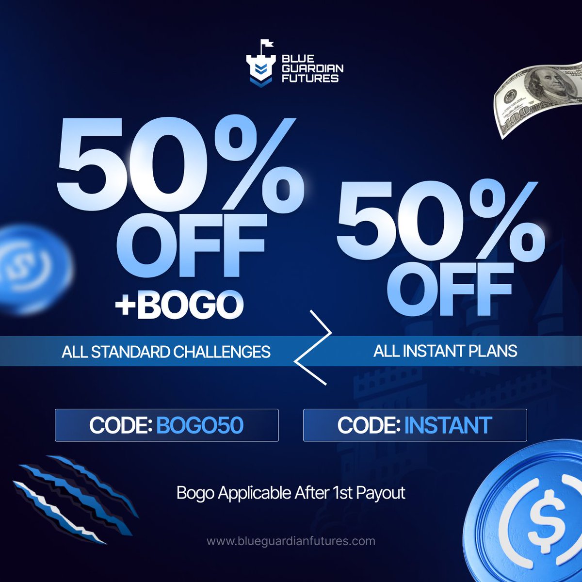GuardianFutures's tweet photo. 50% OFF + Buy 1, Get 1 Free promo is back! 🥳

✅ No activation fees
✅ Weekly payouts with 100% profit split
✅ Instant Funding 50% OFF

Get started now at https://t.co/6VlcnmXRZj https://t.co/Dp42dPzHRY
