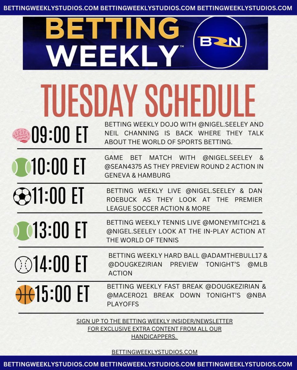 📺 Tuesday’s schedule 
Another bumper day on the Betting Weekly Studios
<a href="/SenseiChanning/">Neil Channing</a> <a href="/seeley_nigel/">Nigel Seeley</a> <a href="/seancalvert1/">Sean Calvert</a> <a href="/danroeb/">danroe</a> <a href="/MoneyMitchM21/">Mitch Michals</a> <a href="/adamthebull/">Adam the Bull</a> <a href="/DougKezirian/">Doug Kezirian</a> <a href="/RealGadge/">Chris Macero 🇺🇸</a> 
Subscribe to the channel and join the winning community.

youtube.com/@becausewewin?…