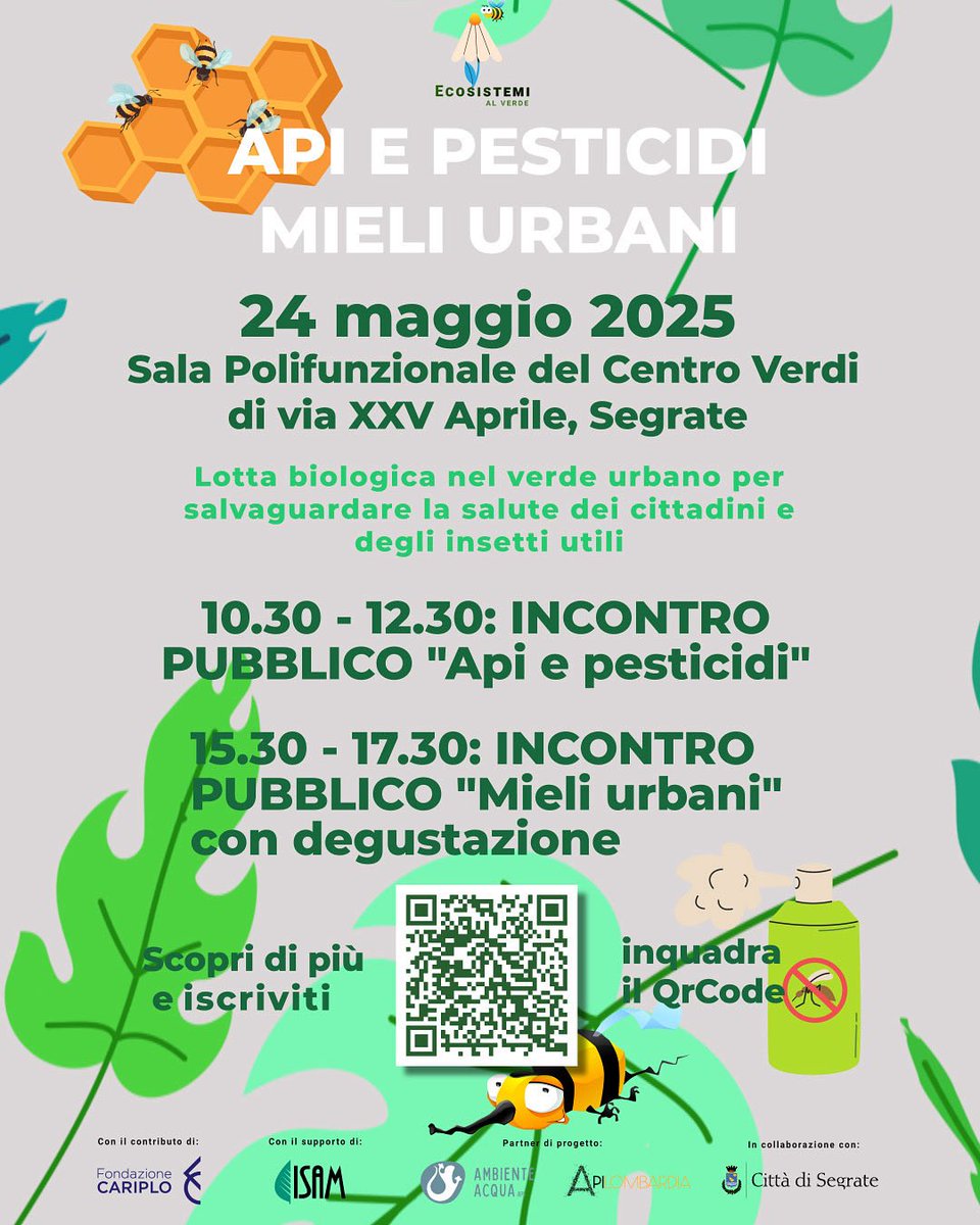 🐝 API E PESTICIDI + MIELI URBANI 🍯🌿
📅 Sabato 24 maggio 2025
📍 Sala Polifunzionale – Centro Verdi, via XXV Aprile

Due eventi imperdibili in collaborazione con @Apilombardia 👇

🎟️ Ingresso gratuito con iscrizione
📲 Scopri di più e prenota qui:
👉 ambienteacqua.it/api-pesticidi-…