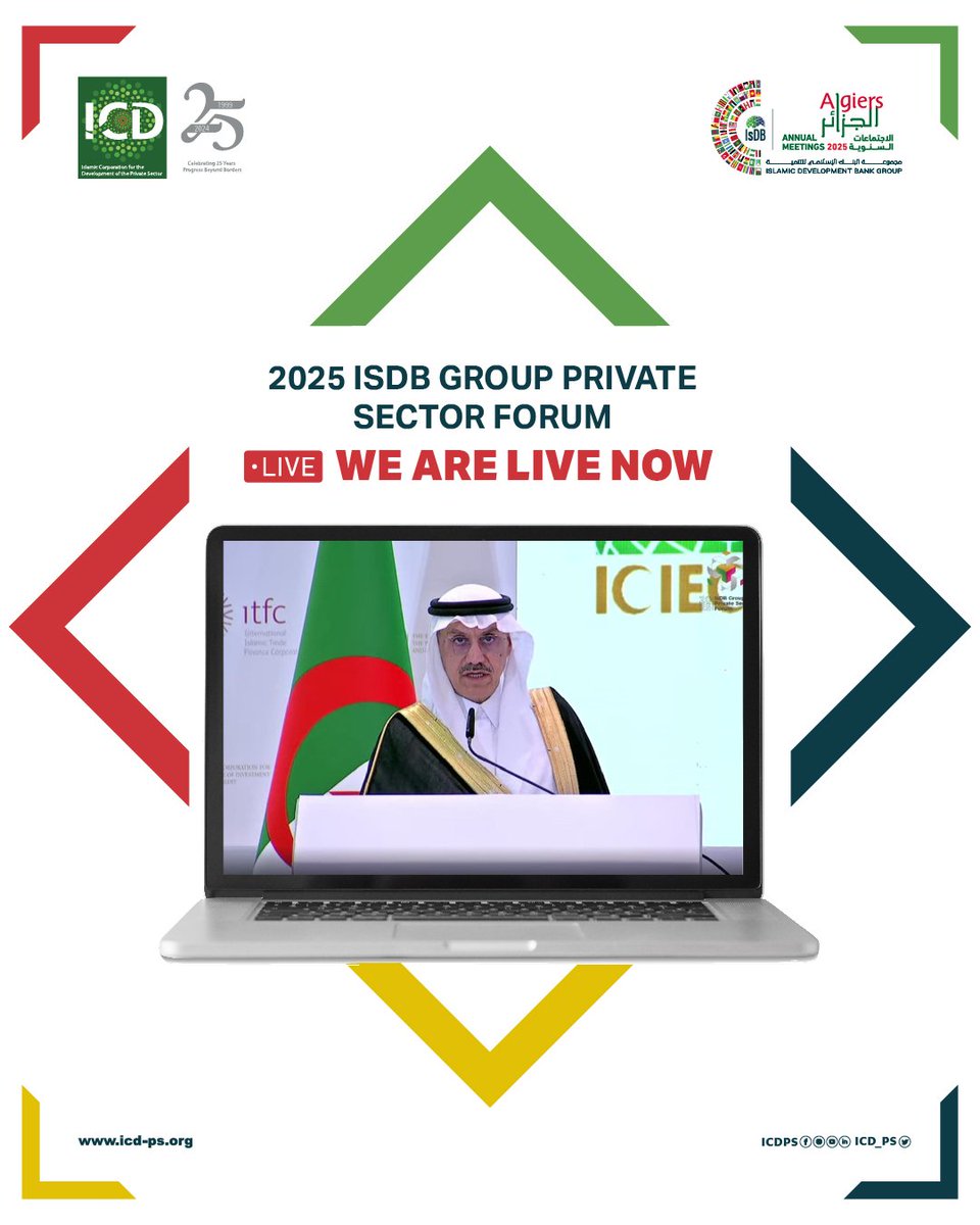 ICD_PS's tweet photo. 🌍 We're LIVE from Algiers! 🌍
Tune in to the Private Sector Forum, part of the 2025 IsDB Group Annual Meetings.
▶️ Watch now: https://t.co/YcEvmFUp2d
#PrivateSectorForum #2025IsDBGroupAMs #ProgressBeyondBorders https://t.co/PwjepiBFig
