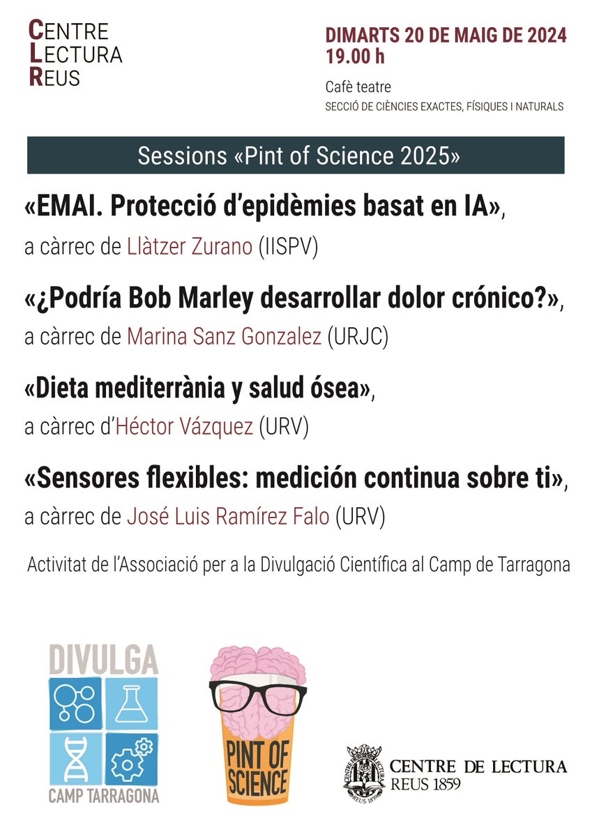 Centre de Lectura (@centredelectura) on Twitter photo 🔬 Avui dimarts a les 19.00, segona sessió del festival Pint of Science 2025 al nostre cafè teatre. És una proposta de <a href="/divulgaTGN/">Divulgació Científica al Camp de Tarragona</a> #Reus #CLR #Pint24REU
<a href="/AgendaCultura/">Agenda Cultural de Catalunya</a> <a href="/ReusCultura/">Reus Cultura</a> <a href="/Surtdecasa/">Surtdecasa</a> <a href="/canalreus/">Canal Reus</a> <a href="/reusdigitalcat/">Reusdigital.cat</a> <a href="/laguiadereus/">La Guia de Reus</a> 🔬 Avui dimarts a les 19.00, segona sessió del festival Pint of Science 2025 al nostre cafè teatre. És una proposta de <a href="/divulgaTGN/">Divulgació Científica al Camp de Tarragona</a> #Reus #CLR #Pint24REU
<a href="/AgendaCultura/">Agenda Cultural de Catalunya</a> <a href="/ReusCultura/">Reus Cultura</a> <a href="/Surtdecasa/">Surtdecasa</a> <a href="/canalreus/">Canal Reus</a> <a href="/reusdigitalcat/">Reusdigital.cat</a> <a href="/laguiadereus/">La Guia de Reus</a>
