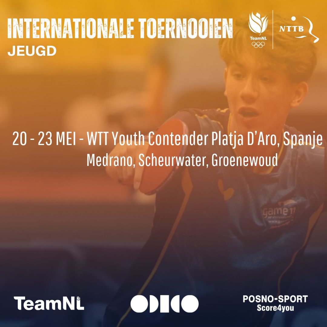 Vanaf vandaag nemen Medrano, Groenewoud en Scheurwater deel aan de WTT YC in Platja d'Aro.

De jongens doen mee in de O15, O17, O19 en de mixdubbel. Verschillende wedstrijden zijn live te volgen via de YouTube-pagina van de WTT.