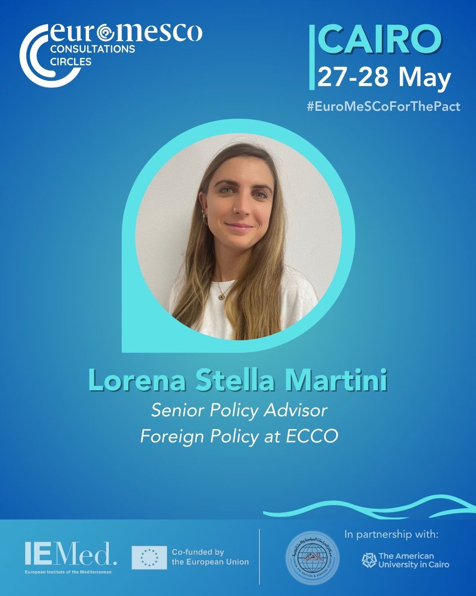 #EuroMeSCoForThePact

Pleased to welcome <a href="/LorenaStMartini/">Lorena Stella Martini</a>, Senior Policy Advisor Foreign Policy at <a href="/eccoclimate/">ECCØ</a>, to the Cairo Consultation Circle.🌍

Her in-depth policy knowledge will bring new dimensions to our Mediterranean cooperation discussions.

#Together4Med