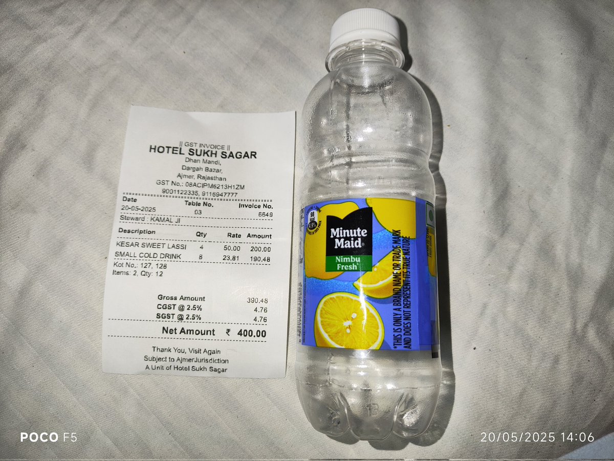 SadiqBloch's tweet photo. @jagograhakjago
Took 4 lassi and 8 small colddrink from this shop and he charged me 3.81 more for the each small cold drink bottle..
Instead of 160, he made me pay 190.48..
I asked him couple of times about MRP was ₹20 only but he denied and stuck to his statement.. https://t.co/Gb5pBI6czw
