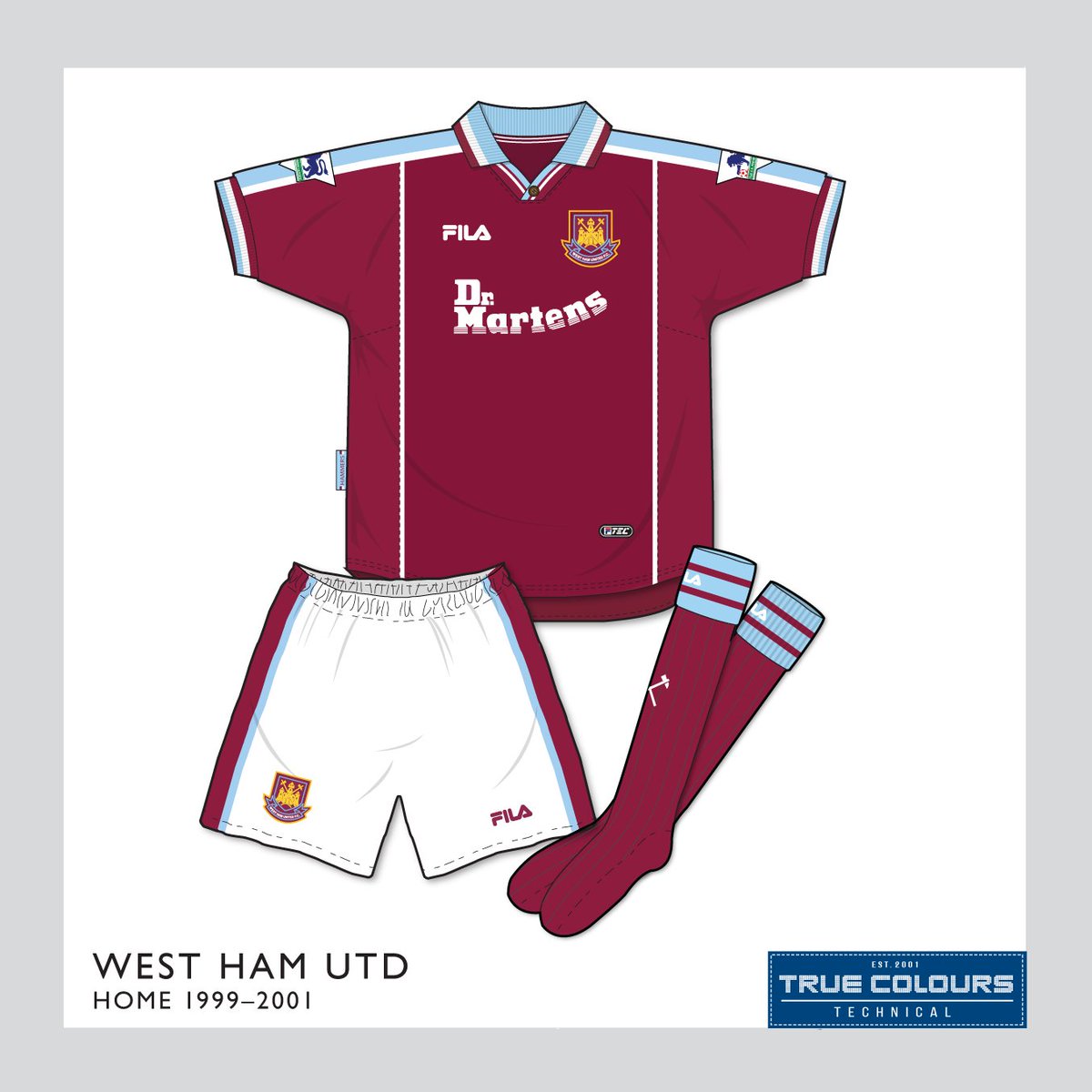West Ham Utd home kit 1999-01 produced by Fila and sponsored by Dr Martens. 2000-01 season saw short numbers added.
#westham #westhamutd #westhamshirt #footballshirt #footballkit #fila #drmartens