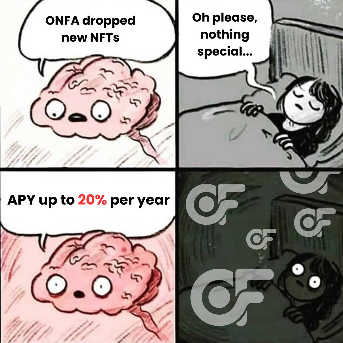 onfaofficial's tweet photo. 😳 ONFA: "We just dropped NFTs with up to 20% APY"
🧠 My brain at 2am: 💸💸💸
#ONFA #ONFAFintech #CryptoMeme #Web3Life #NewNFTCollection https://t.co/jyv8DM6fzb