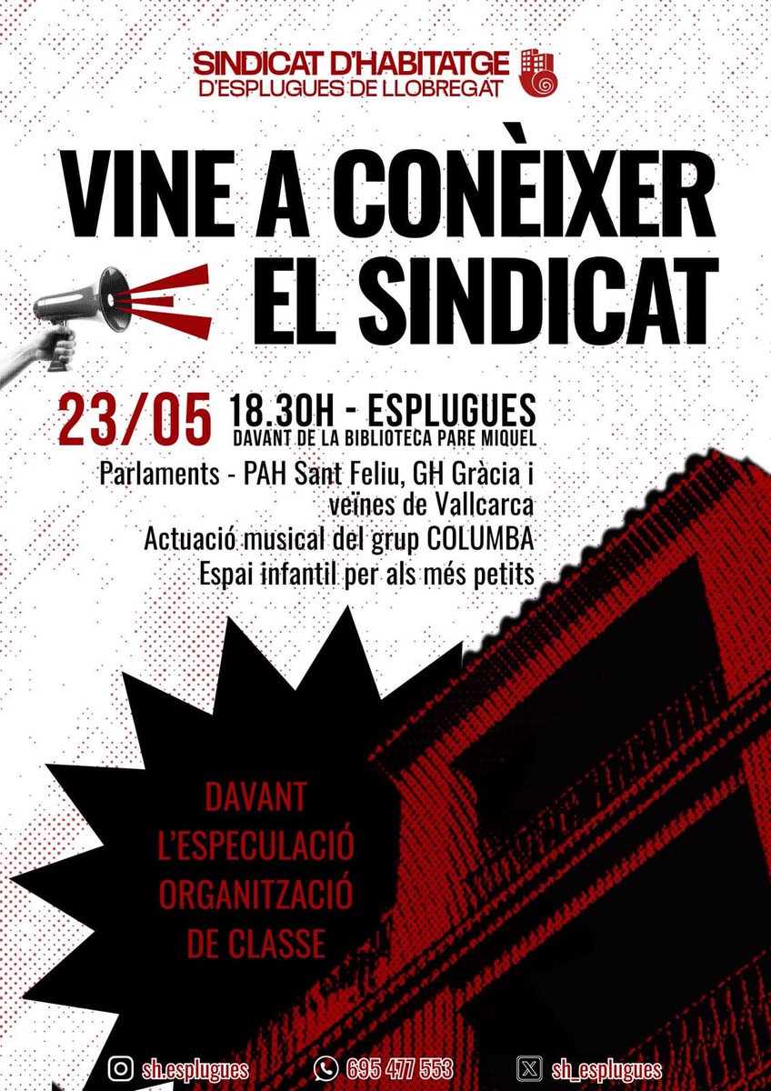 🔴 Aquest divendres vine a conèixer el Sindicat d'Habitatge d'Esplugues! 

⚫ Que és i quina feina fa a la ciutat amb el mitjà de lloguer més alt de tot Catalunya! 

📆 Divendres 23/5
🕛 18:30h
📍 Biblioteca Pare Miquel