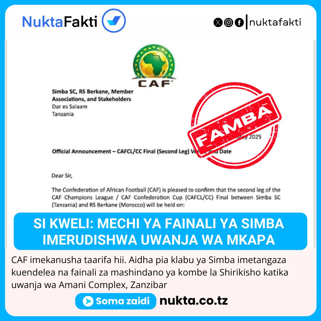 SI KWELI: MECHI YA FAINALI YA SIMBA IMERUDISHWA UWANJA WA MKAPA

CAF imekanusha taarifa hii. Aidha pia klabu ya Simba imetangaza kuendelea na fainali za mashindano ya kombe la Shirikisho katika uwanja wa Amani Complex, Zanzibar

#vumbuaukweli na Nukta Fakti