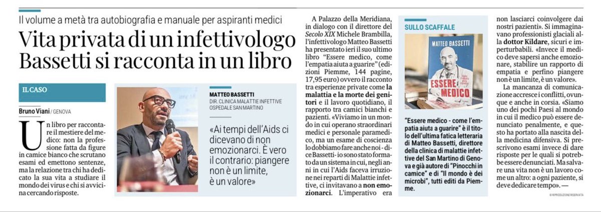 Matteo Bassetti (@profmbassetti) on Twitter photo Ieri sera nella straordinaria cornice del Palazzo della meridiana ho parlato del mio libro “Essere medico” con Michele Brambilla, direttore del <a href="/ilsecoloxix/">Il Secolo XIX</a>.
Credo noi viviamo in un mondo in cui operano straordinari medici e sanitari, ma un esame di coscienza lo dobbiamo fare Ieri sera nella straordinaria cornice del Palazzo della meridiana ho parlato del mio libro “Essere medico” con Michele Brambilla, direttore del <a href="/ilsecoloxix/">Il Secolo XIX</a>.
Credo noi viviamo in un mondo in cui operano straordinari medici e sanitari, ma un esame di coscienza lo dobbiamo fare
