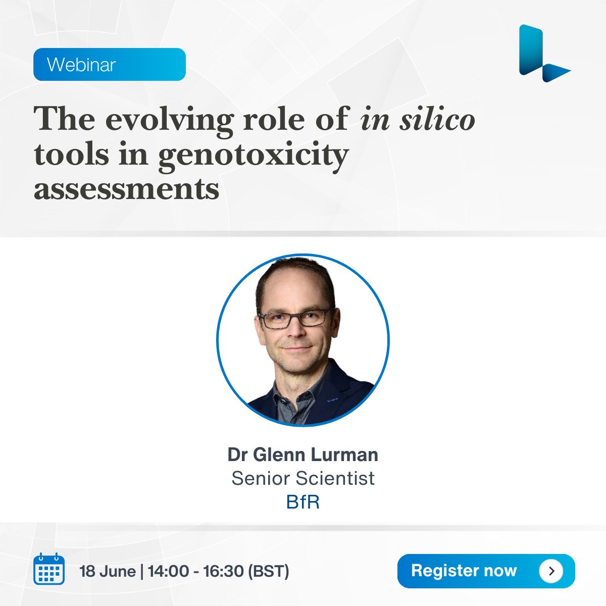 🎙 We're excited to welcome Dr Glenn Lurman, Senior Scientist at BfR – the German Federal Institute for Risk Assessment, as a speaker in our upcoming #genotoxicity webinar!

📅 Register now, 18th June, 14:00 - 16:30 (BST) 👉  buff.ly/WXe2L8p 

#Webinar #ChromosomeDamage