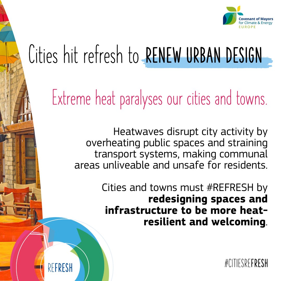 Cities are overheating - and many aren’t built to cope. Unshaded streets, poorly insulated buildings &amp; no cooling make living in urban areas challenging. 

It's time to renew urban design with shade, green roofs, cooling spots &amp; water access.

Learn more: eu-mayors.ec.europa.eu/en/Cities-Refr…