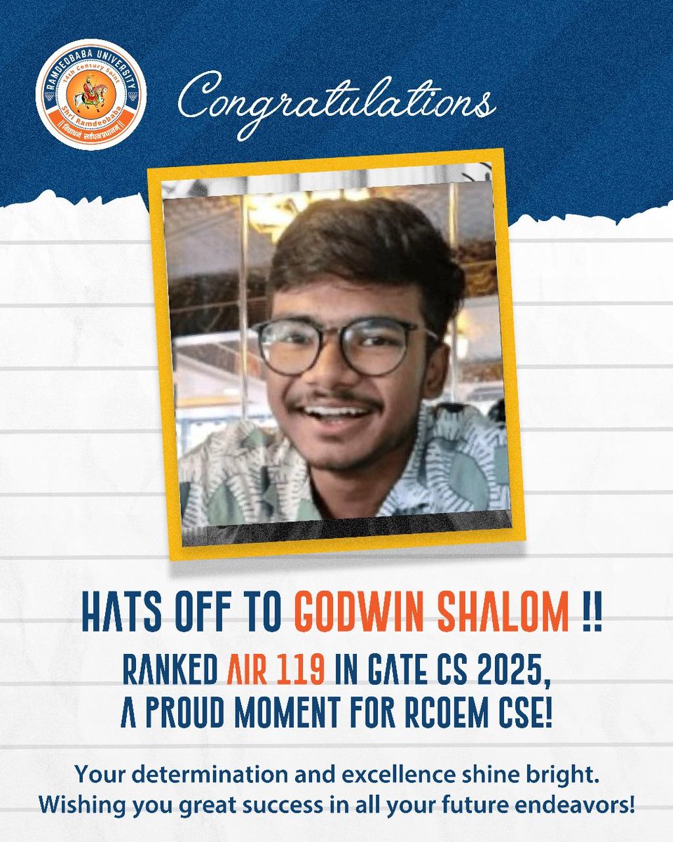 Godwin Shalom (AIR 119 – GATE CS 2025)
Cheers to Godwin Shalom for securing AIR 119 in GATE CS 2025! Your passion and discipline have paid off. A remarkable feat for RCOEM CSE. Keep aiming higher—your journey of brilliance has just begun!