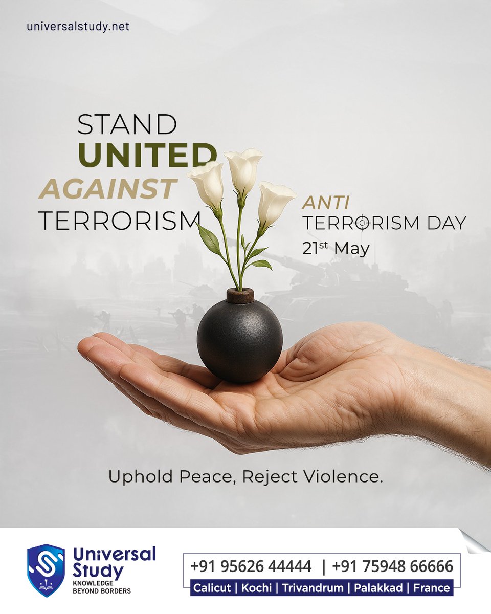 Study79364Study's tweet image. 🕊️ Stand United, Choose Peace.
On this Anti-Terrorism Day, let’s pledge to rise above hatred and violence.

#UniversalStudy #Languagestudio #AntiTerrorismDay #StandUnited #PeaceOverViolence #SayNoToTerrorism #GlobalPeace #TogetherForChange