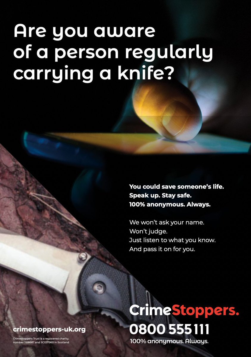🚨 Knife crime devastates lives. If you know someone carrying a weapon or planning an attack, you don’t have to stay silent. Report what you know 100% anonymously to Crimestoppers.

🌐 crimestoppers-uk.org