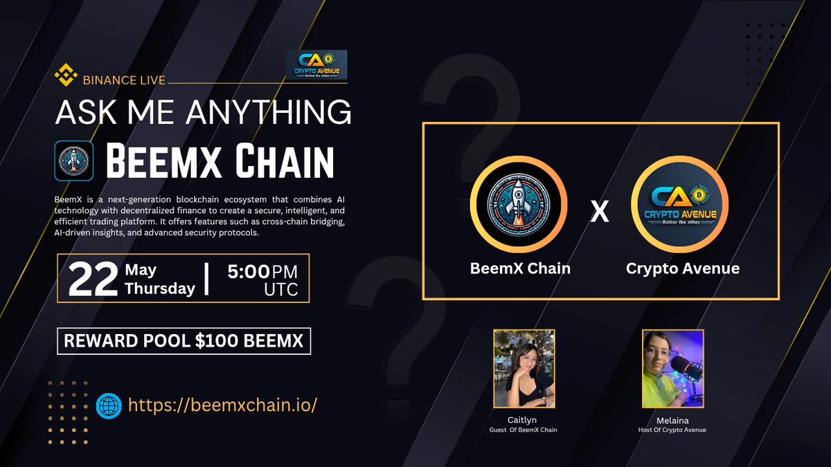 CryptoAvenuee's tweet photo. 📢We Are Pleased to Announce Our Next #BINANCELIVE_AMA with @Beemx_chain

💰𝖯𝗋𝗂𝗓𝖾: $100 BEEMX ($10 Each)

🗓𝖣𝖺𝗍𝖾: 22th MAY 2025
🕰️Time: 5.00 PM (UTC)
🎙️Guest:Caitlyn
🏕️𝖵𝖾𝗇𝗎𝖾: https://t.co/sxqZAYmNrl

⏳𝖲𝖾𝗍 𝗋𝖾𝗆𝖺𝗂𝗇𝖽𝖾𝗋:- https://t.co/6g3vNHfrl1

#Sponsored https://t.co/1cxGiRNtwS