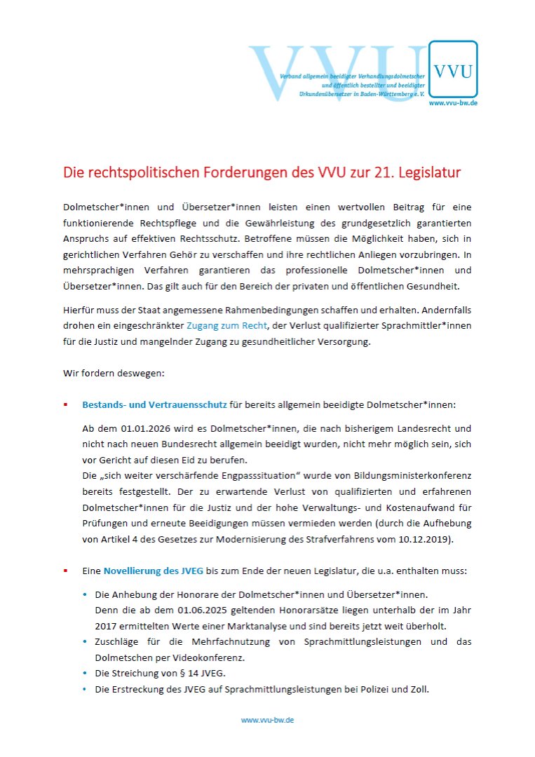 VVUeV's tweet image. Unsere rechtspolitischen Forderungen zur 21. Legislatur:
- Bestands- und Vertrauensschutz für bereits beeidigte #Dolmetscher*innen
- Novellierung des #JVEG
- gesetzlicher Anspruch auf qualifizierte Verdolmetschung im Gesundheitswesen
#xl8 #1nt #übersetzer #profismachenlassen