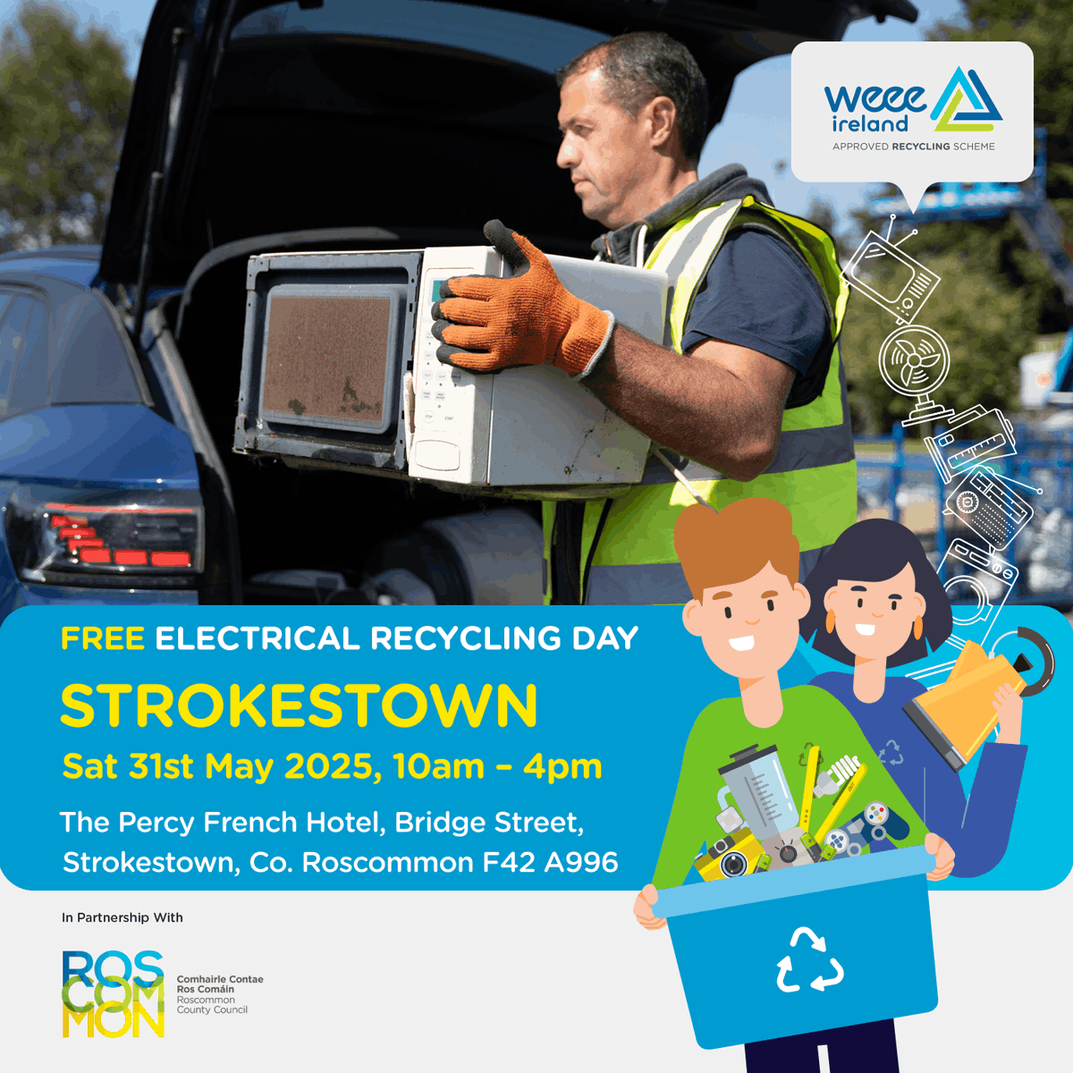 WEEE Ireland (@weeeireland) on Twitter photo Your next FREE collection for all WEEE items is in Strokestown, Co. Roscommon at The Percy French Hotel on Sat, 31 May from 10am-4pm!
WEEE recycle anything from your household with a plug or battery!
weeeireland.ie/household-recy…
<a href="/KMKMetals/">KMK Metals Recycling</a> <a href="/MyWasteIreland/">My Waste Ireland</a> Your next FREE collection for all WEEE items is in Strokestown, Co. Roscommon at The Percy French Hotel on Sat, 31 May from 10am-4pm!
WEEE recycle anything from your household with a plug or battery!
weeeireland.ie/household-recy…
<a href="/KMKMetals/">KMK Metals Recycling</a> <a href="/MyWasteIreland/">My Waste Ireland</a>