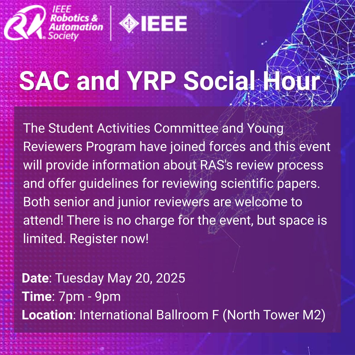 Welcome to #ICRA2025! A reminder that these events are happening today. No registration is needed for the Town Hall. Hope to see you there!

#ieeeras #ieeerassac #robotics #automation #students