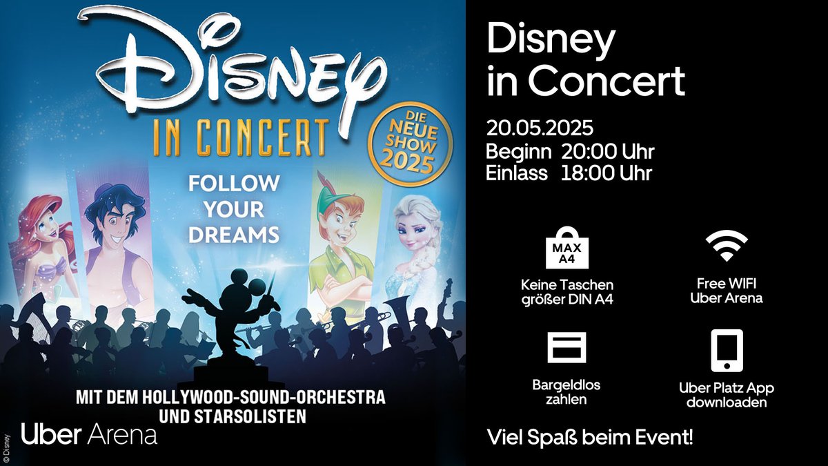 Wer ist heute Abend dabei, wenn in der Uber Arena die schönsten Hits von Disney live erklingen? ✨💛
 
Beginn: 20:00 Uhr | Einlass: 18:00 Uhr
 
🌏 Kostenloses WLAN
👜 max. DIN A4
❗ Infos: uber-arena.de/ihr-besuch/hin…
