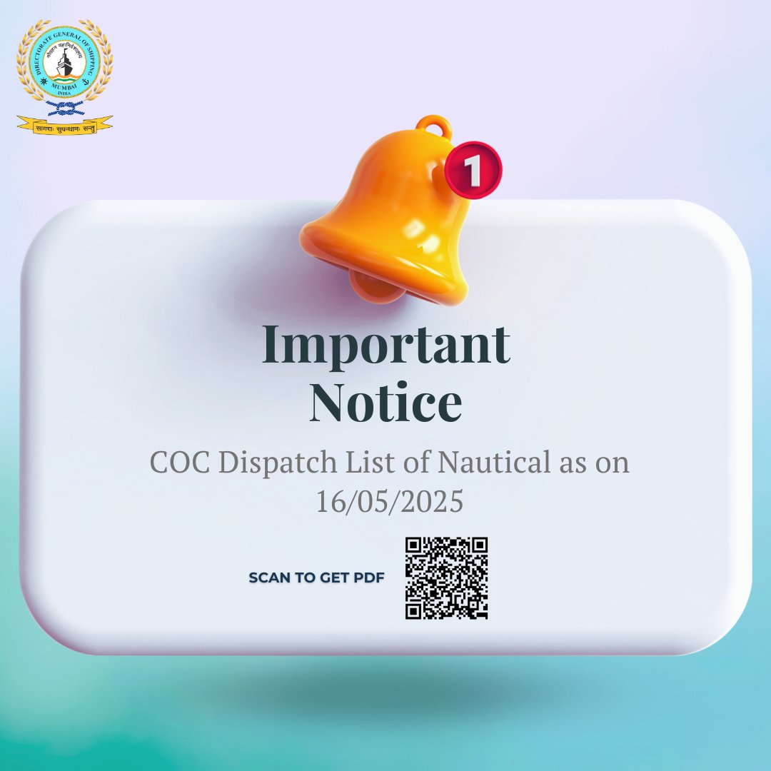 dgshipping_IN's tweet photo. COC Dispatch List of Nautical as on 16/05/2025
Document Link - https://t.co/6nJ8XKVOSE
#COCDispatch #Nautical #DGS #DGShipping https://t.co/NMIdRUDp4H